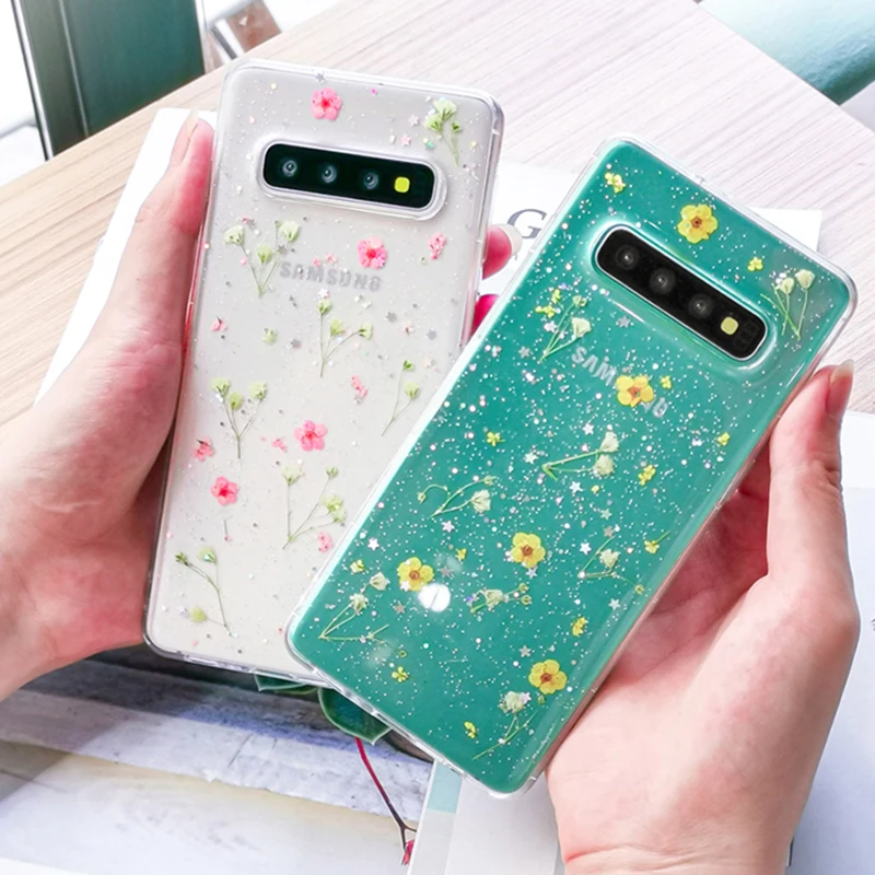 

Shining Glitter Dried Flower Transparent Phone Case For Samsung Galaxy S10 S9 Plus Fashion Real Flowers Back Cover For Galaxy S9