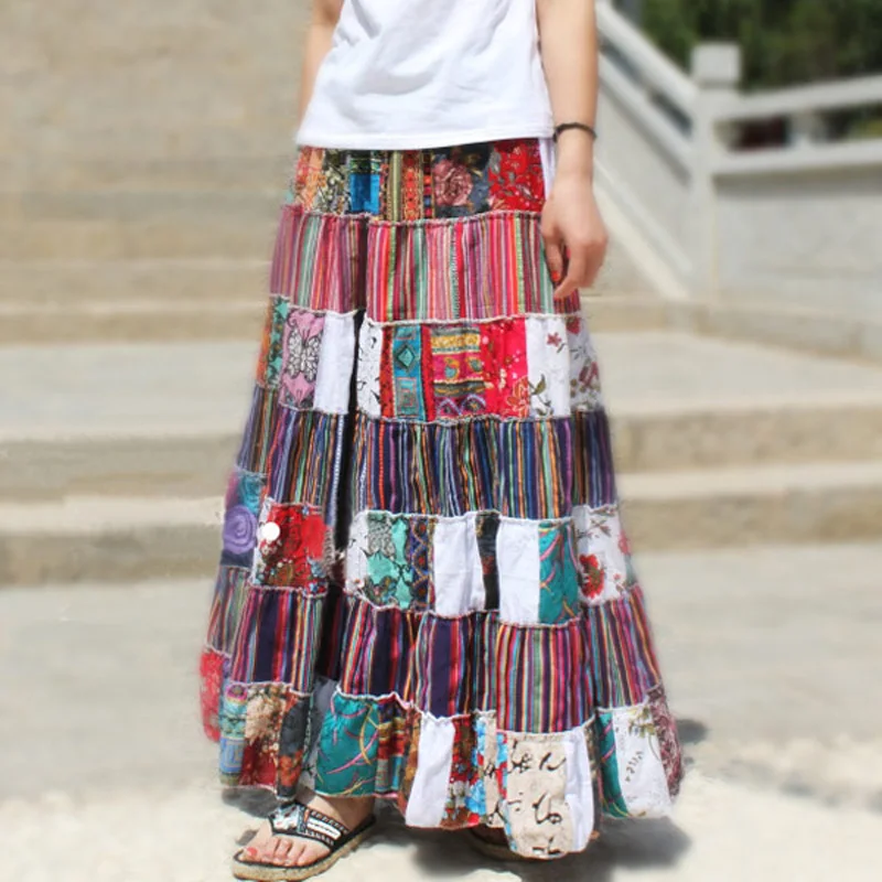 

2018 Cotton Hemp Striped Stitching Floral Casual Girls Pleated Long Skirts Womens / Female Maxi Plissee Skirt (Random Color)