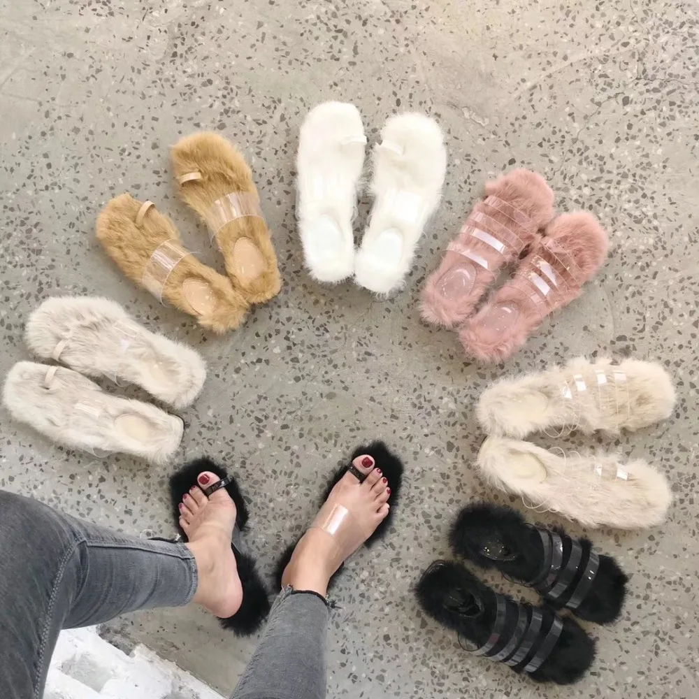 

2018 summer women new flat and fluffy rabbit hair cool slippers female transparent rubber soft bottom plush slippers