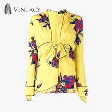 

Vintacy Women Blouse V-Neck Yellow Floral Autumn Print Slim Bowknot Pullover Top 2017 Modern Fashion Female Girls Women Blouse