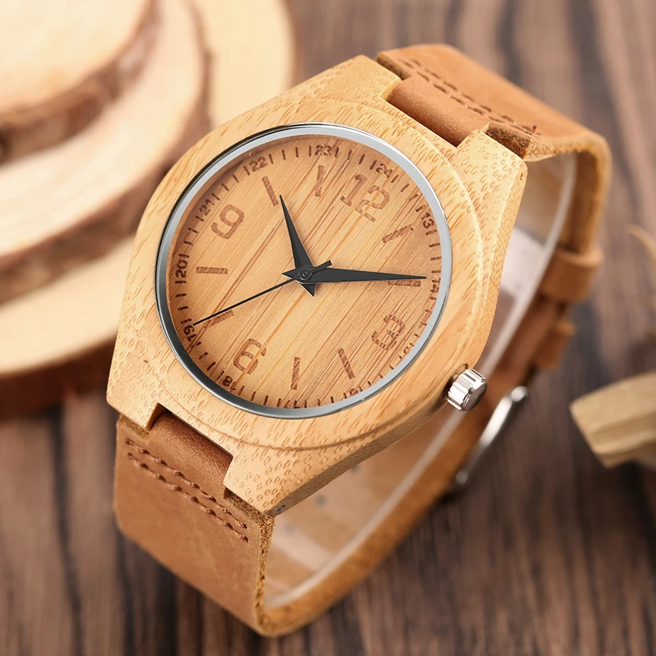 YISUYA Men's Watch Nature Wood Bamboo Watch Handmade Timber Clock Casual Sport Quartz Wrist Watch Genuine Leather Band Strap  (16)