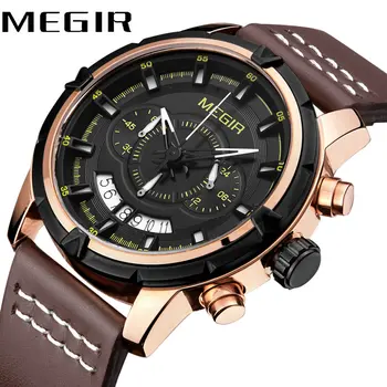 

MEGIR Business Waterproof Watch Luminous Hands Leather Strap Top Brand Luxury Men Quartz Analog Clock Calendar Wristwatches
