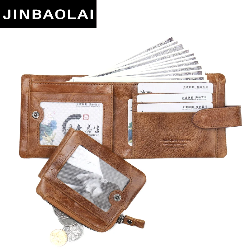 JINBAOLAI NEW 100% Genuine Leather Men Wallets Design Short Men Wallet with Coin Zipper Male Mens Purses Card Holder Carteira