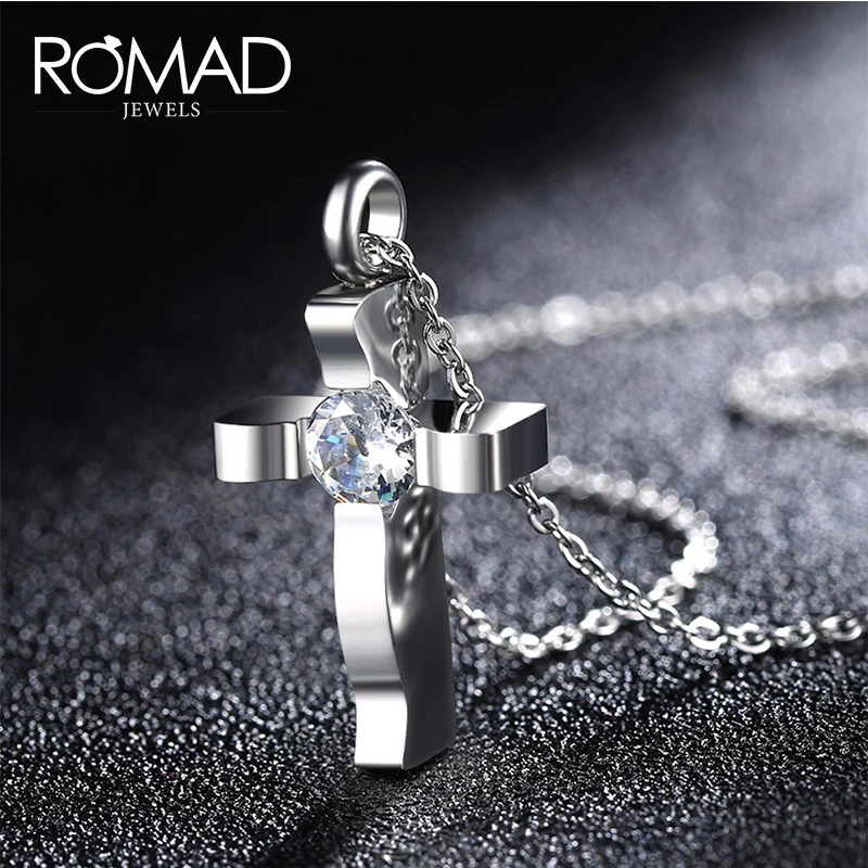 ROMAD Cross Stainless Steel Necklaces for Women Men 2019 Fashion Christian Link Chain Zircon Crystal Necklace Jewelry R5 | Украшения и