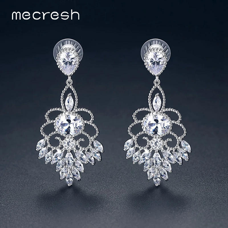 

Mecresh Cute Clear CZ Long Dangle Earrings for Girls 2018 Pink Genuine Austrian Rhinestones Flower Wedding Party Earrings EH1099