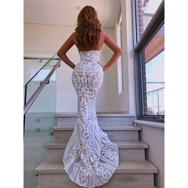 

Elegatn White Maxi Celebrity Evening Party Dresses 2018 New Fashion Sleeveless Sexy Strapless Floor Length Sequin Dress Vestidos