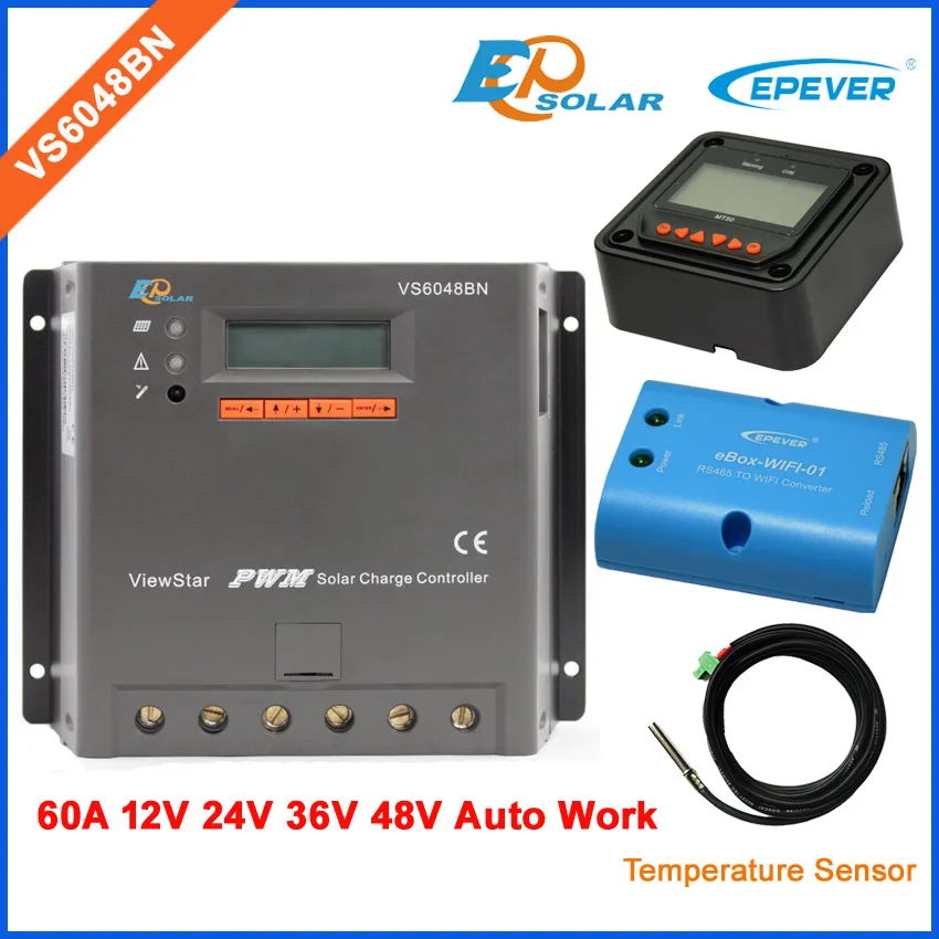 

60A 60amp Solar intelligent controller VS6048BN PWM 36v 48v auto work LCD Display Screen wifi BOX temperature sensor and MT50