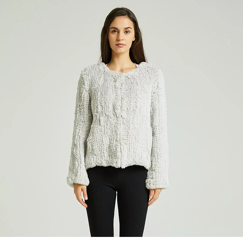 

Top Quality Hand Knitted Really Rabbit Fur Coat with Full Sleeve Jacket Soft Warm Women Outwear