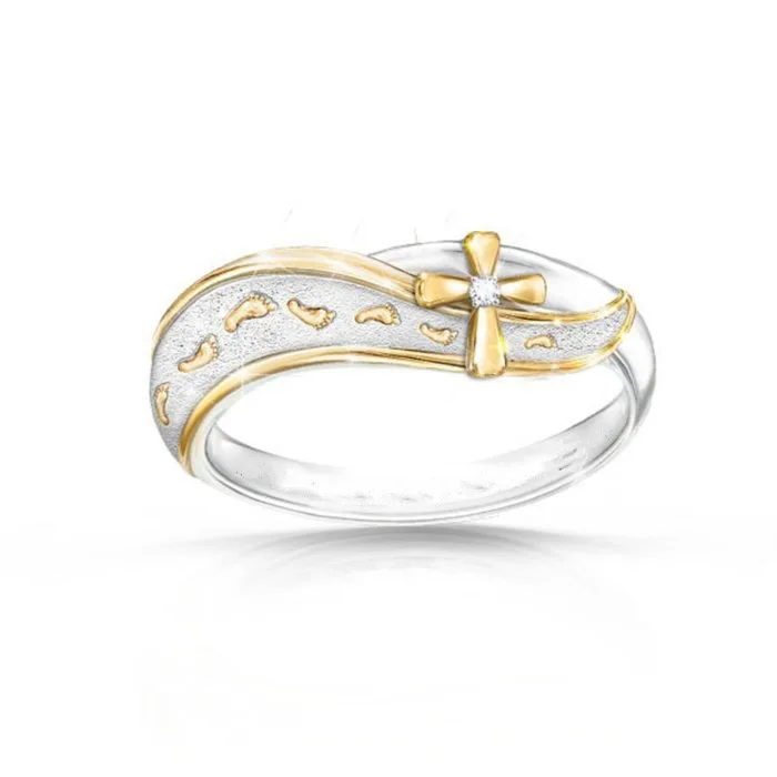 

2019 New Fashion Creative Footprint Frosted Cross Rings For Woman Glamour Zirconia two-tone Wedding band Jewelry Girl Party Gift