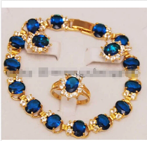 

shipping New style Natural noble jewelry>>>>Fashion Jewelry Blue Zircon Inlay Link 14K GP Bracelet earrings Ring Set AAA