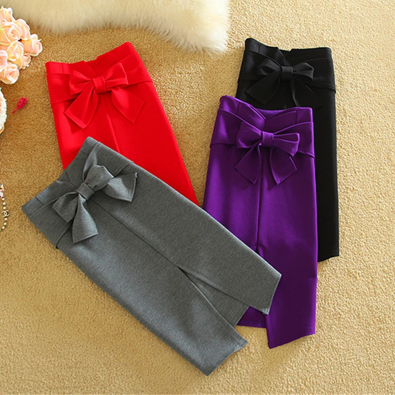 

New fashion elegant vintage women's pencil skirt with a bow and cut in front of gray, black, red and purple skirts womens