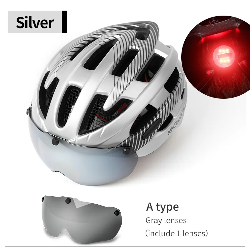 Silver 1 lens Coolchanger интегрированный литой мужской и женский велосипедный шлем с задней защитой Предупреждение предупреждающий свет, ветрозащитные очки, велосипедный шлем MTB - Цвет: Silver 1 lens