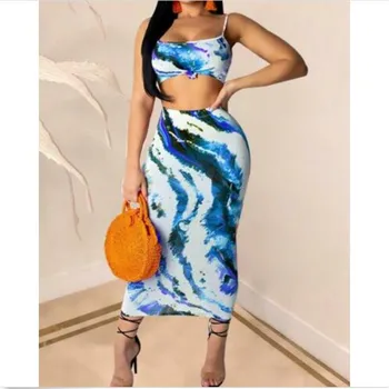 

Women's Summer Clothes Suit Short Strappy Crop Tops Long Skirt Ladies' New Sexy Printed Fashionable Casual Costume Hot Selling