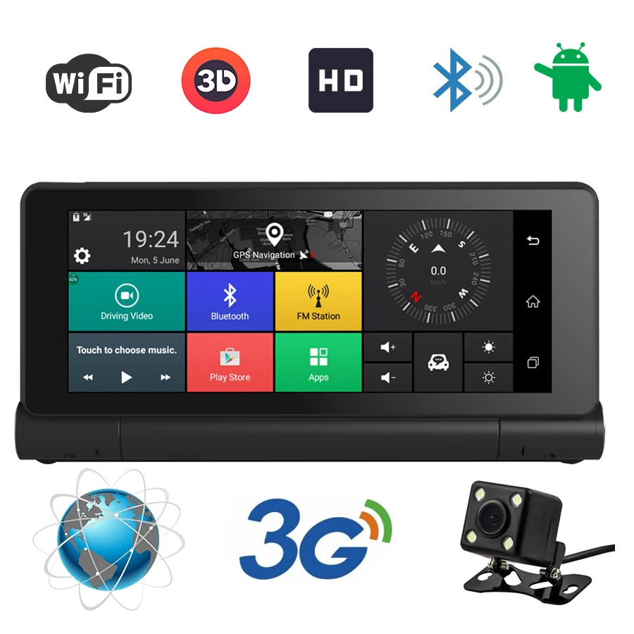 

3G 7 inch Car GPS Navigation Bluetooth Android 5.0 Navigators Dual lens av-in DVR FHD 1080 Vehicle gps sat nav Free maps