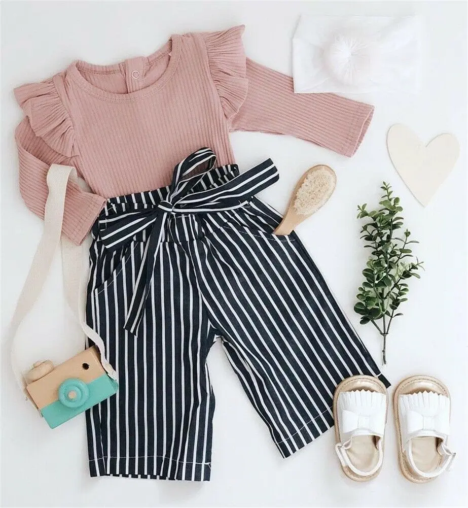 Cute Newborn Infant Baby Girl Sweet Outfit Clothes Ruffle Long Sleeve Romper Bow Tie Striped Pants Trousers Clothes Set - Цвет: Розовый