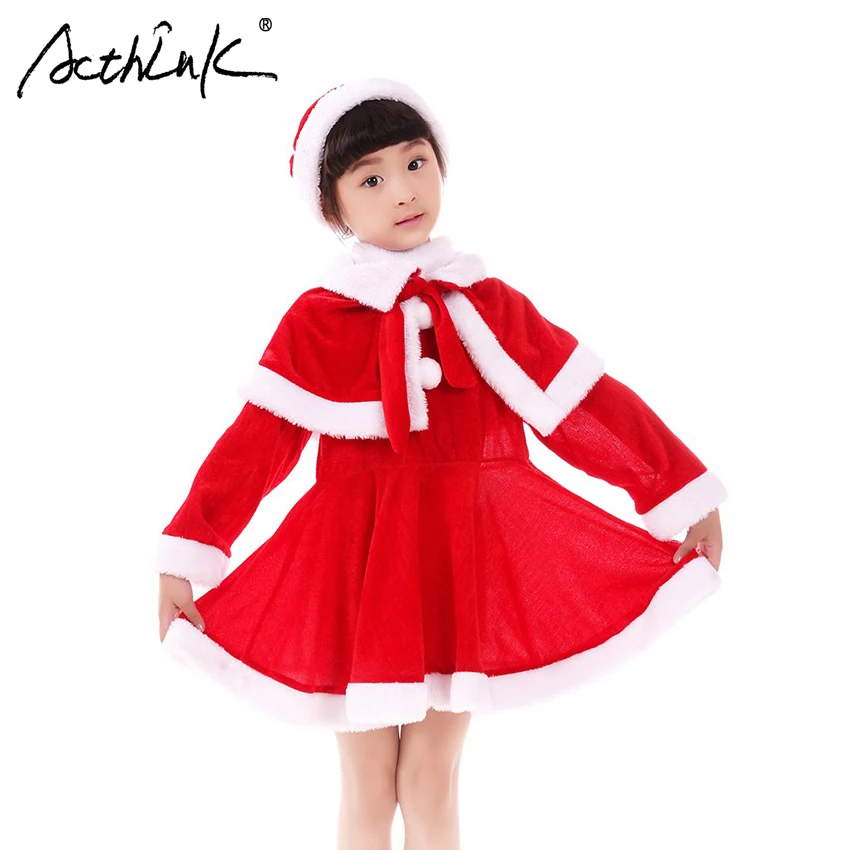 

ActhInK New 2017 Girls Winter 3PCs Christmas Costume with Fur Collar Brand Girls New Year Christmas Dress Clothing Set with Cape