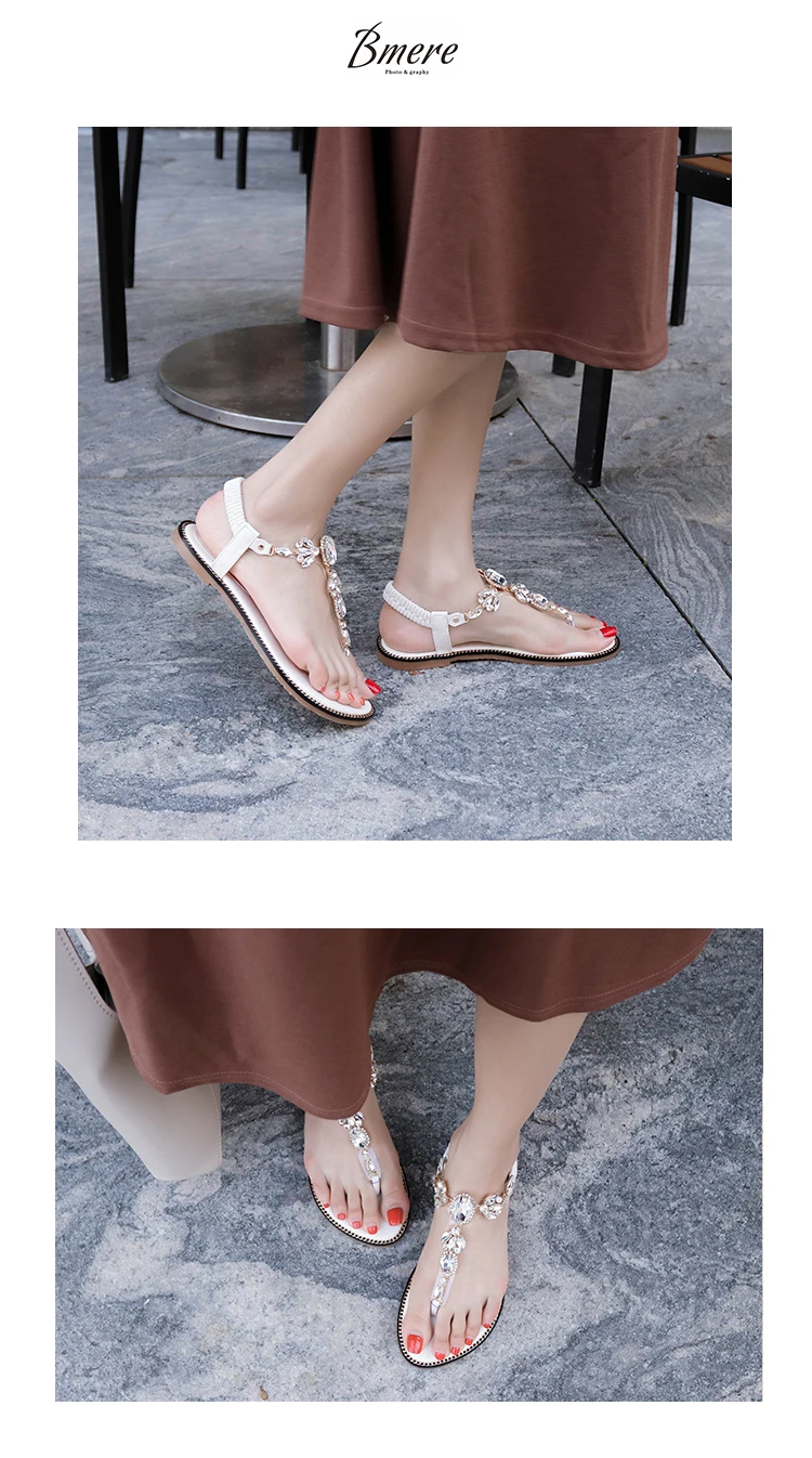 Koovan/женские сандалии на плоской подошве; Новинка года; женская пляжная обувь со стразами; обувь в римском стиле; нескользящие Вьетнамки в богемном стиле