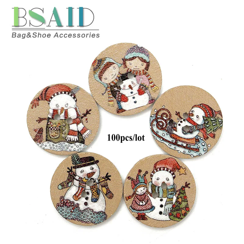 

BSAID 100pcs Wood Sewing Buttons Shoe Decoration Christmas Snowman Cartoon Wooden Buttons Decora Bag Clothes Shoelace Accessoriy
