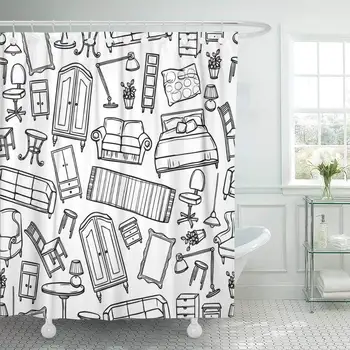 

Fabric Shower Curtain with Hooks Doodle Furniture with Modern and Classic Accessories Sketch Desk Chair Household Lamp