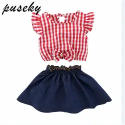 Puseky От 6 месяцев до 5 лет Летняя детская одежда, одежда для маленьких девочек с рукавами-крылышками красный плед лук блузка Топы + Высокая