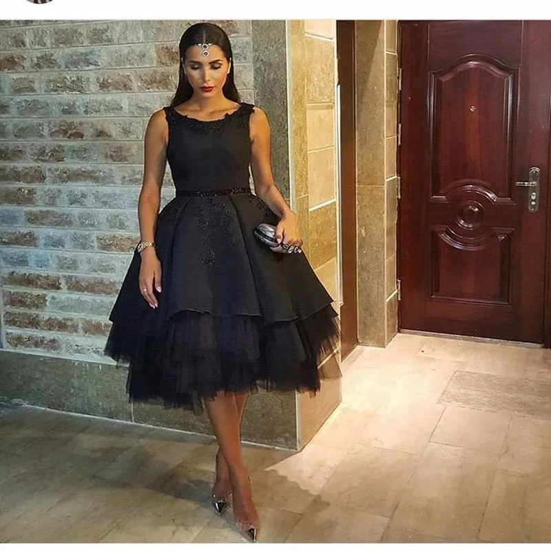 Fashion-Black-Prom-Dresses-Tea-Length-2016-A-Line-Sleeveless-Party-Dress-Tulle-Skirt-Arabic-Dubai