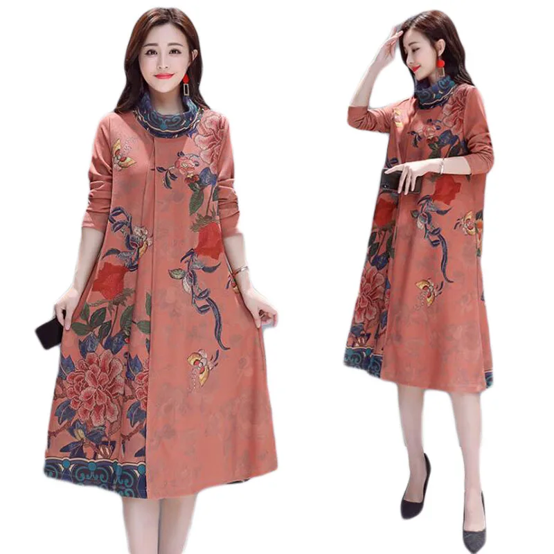

2019 New Autumn Winter New Women Vintage Print Turtleneck Dress Fashion Elegant loose large size Female dress vestidos E302