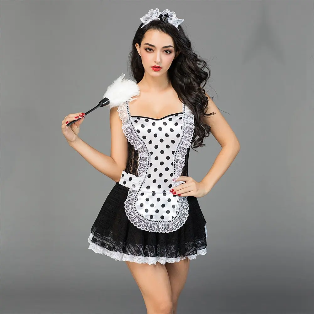 

Adult Women French Maid Cosplay Costume Sexy Halloween Outfits New Hot Women Room Service Maid Cosplay Exotic Uniforms 6925