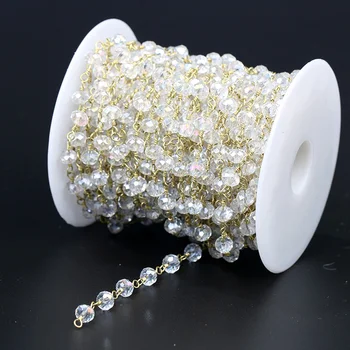 

HanKun 4*6mm AB White Faceted Rondelle Crystal with Brass wire wrapped Rosary Chain-Making Jewelry-Stone Bead Chain Necklace
