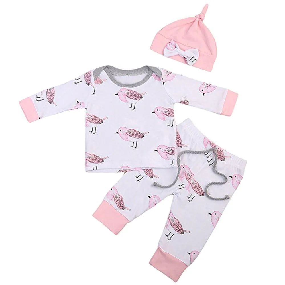 

2018 Limited Full New Born Baby Girl Clothes Birds Cartoon Tops Shirt Pants 3pcs Outfits Set Baby-clothes Conjunto Infantil Q06