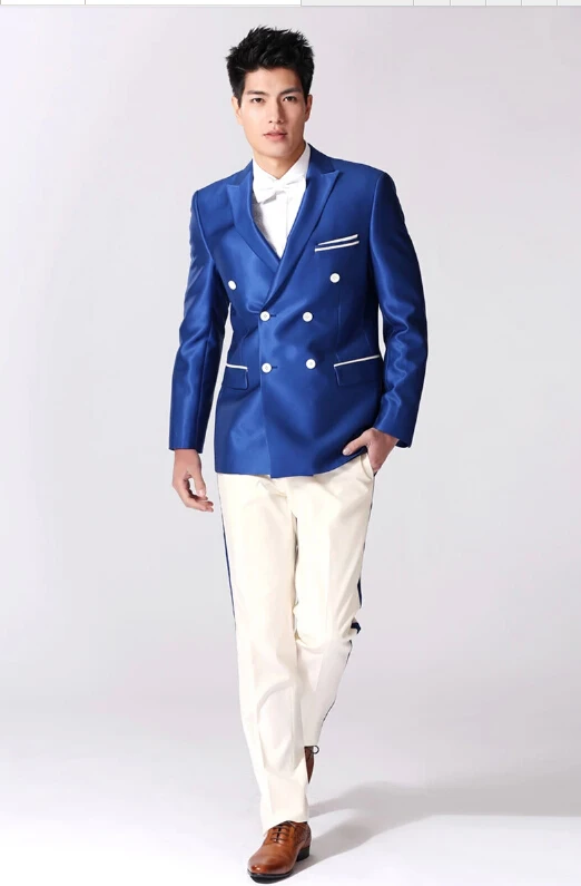 blue coat pant white shirt