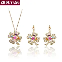 ZHOUYANG Top Quality ZYS255 Lucky Clover Rose Gold Plated Jewelry Necklace Earring Set Rhinestone Made with Austrian Crystals