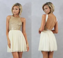 Charmming 2015 Sıcak Moda Kısa Balo Elbise Üst Şampanya Altın Sequins ile Şifon Gelinlik Modelleri