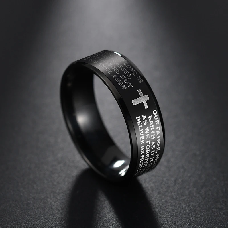 ELSEMODE, черное титановое стальное кольцо с английской надписью, молитвенное кольцо, мужские библейские кольца с крестом для женщин, ювелирные изделия с Иисусом