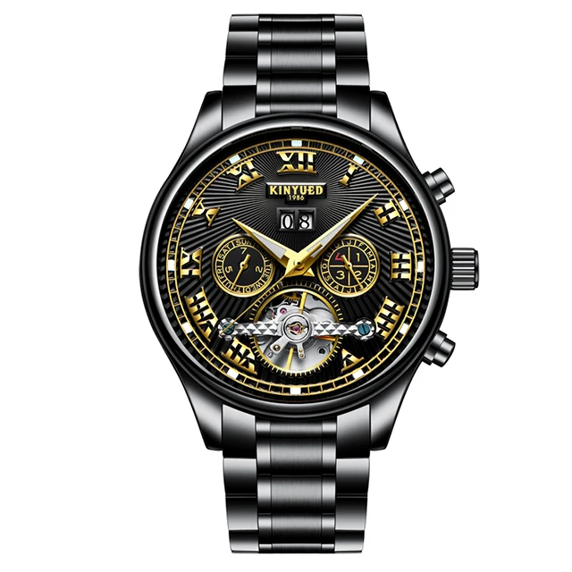 KINYUED Automatic Mechanical Watches Men Top Brand Luxury Tourbillon Stainless Steel Waterproof Man Watch Reloj Hombre - Цвет: Black Steel