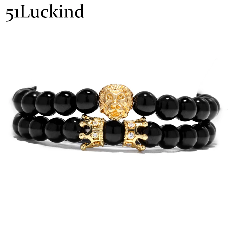 

2 Pcs/Set Animal King Lion Head Bracelet Black Natural Stone Crown Couple Braclet Sets For Men Hand Jewelry Accessories