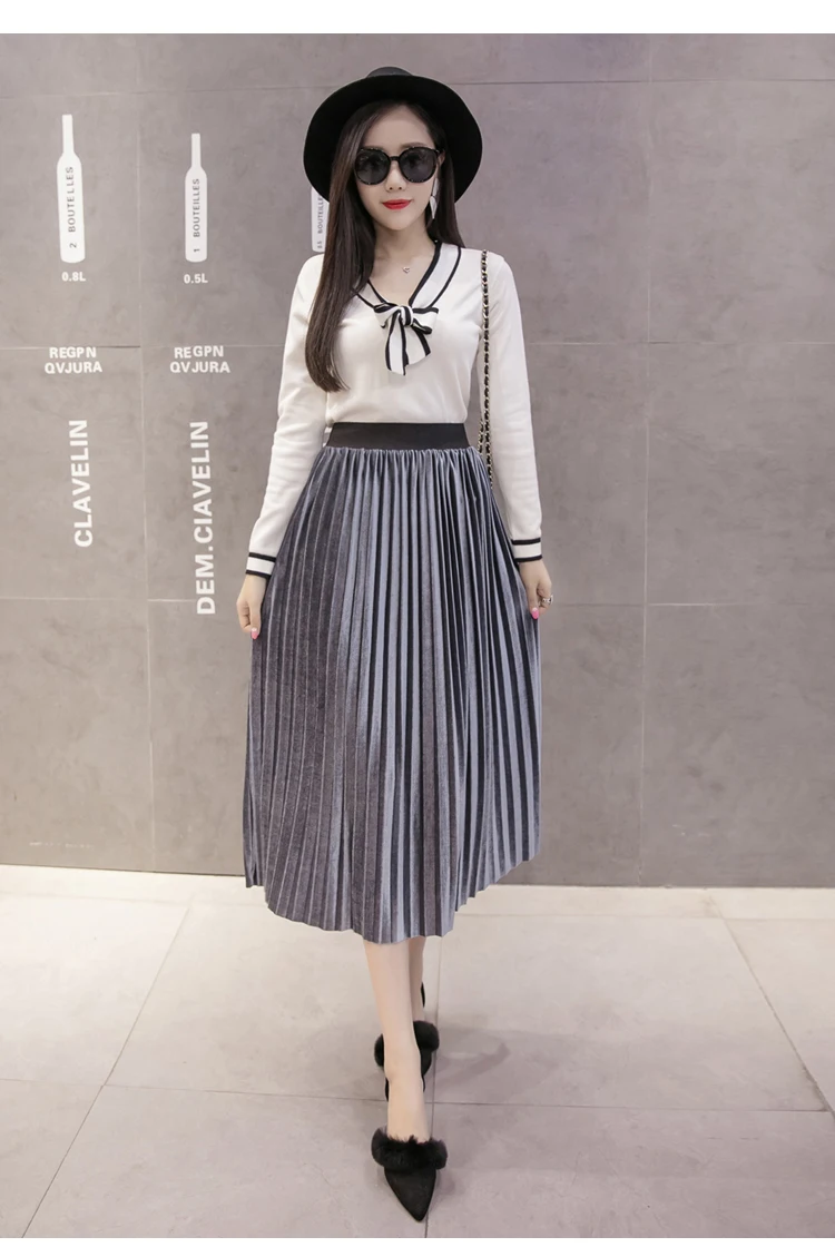 pleated midi skirt New 2019 Autumn Winter Elastic High Waist Skirt Solid Casual Pleated Skirts Womens Striped Jupe Femme Velvet Saias Midi Skirt cute skirts