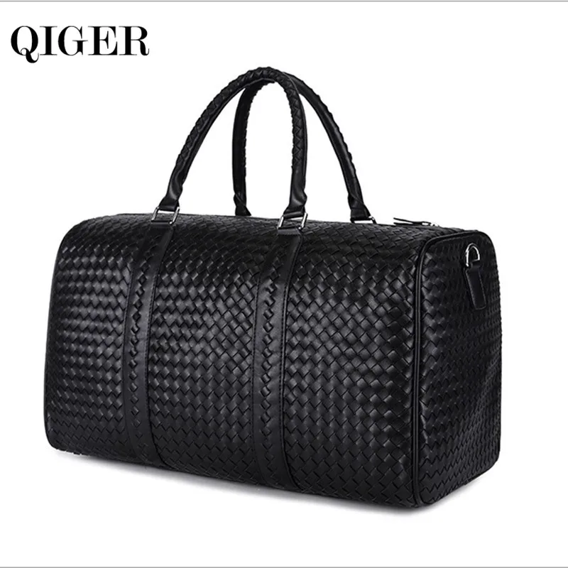 

2019 Fashion Leather Woven Men's Travel Bags Black Leather Men/Women's Tote Bag Shoulder Duffle Bag