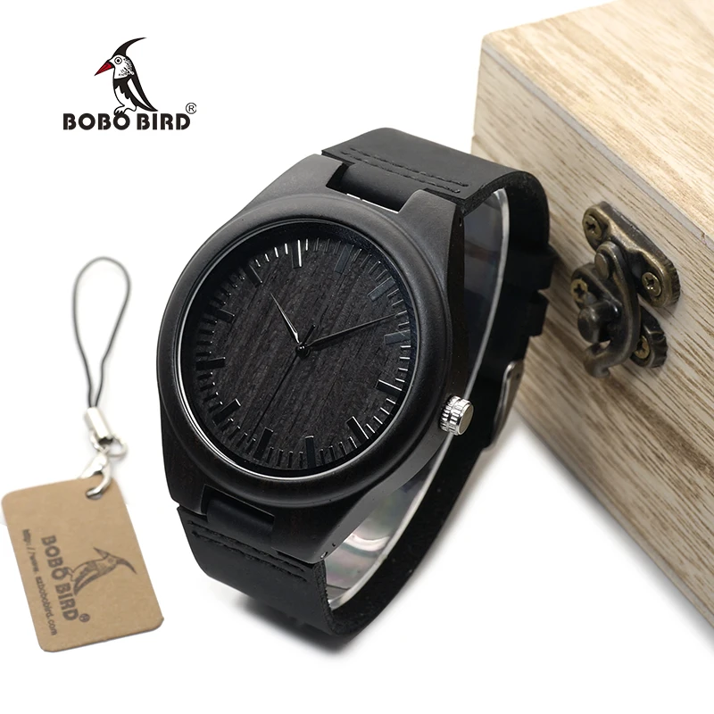 Ebony Wood Watches Man BOBO BIRD relojes hombre Quartz Wristwatches Male with Leather Strap as Gift Dropshipping