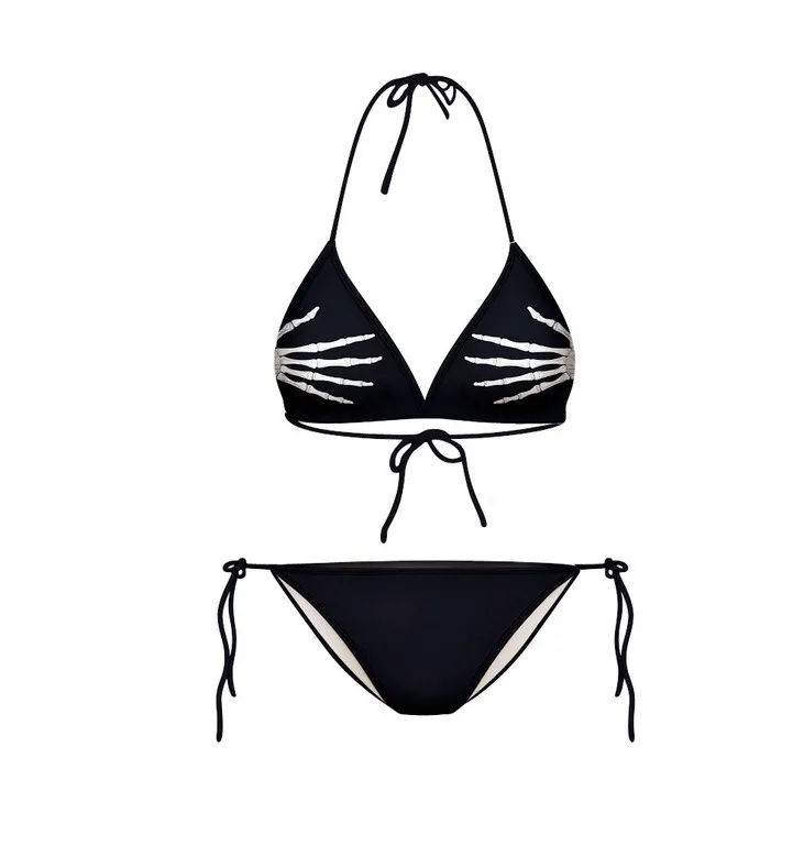 Printed Black Halloween Bikinis Set Women Swimwear Halter Push Up