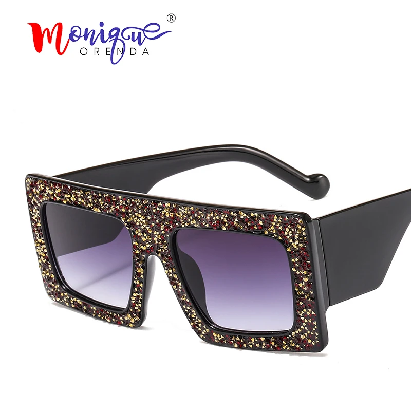 Роскошные негабаритные солнцезащитные очки для женщин, широкие ноги, маленькие гравия, стразы, солнцезащитные очки для мужчин, цветные Винтажные Солнцезащитные Очки