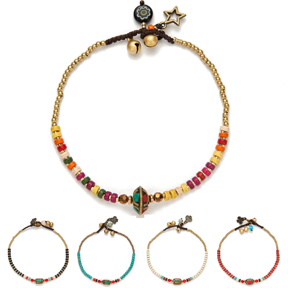 AMOURJOUX Handmade Tibetan Round Charm Leg Anklets For Women Color Small Beaded Chain Ankle Bracelet Anklet Foot Jewelry AMOURJOUX Handmade Tibetan Round Charm Leg Anklets For Women Color Small Beaded Chain Ankle Bracelet Anklet Foot Jewelry