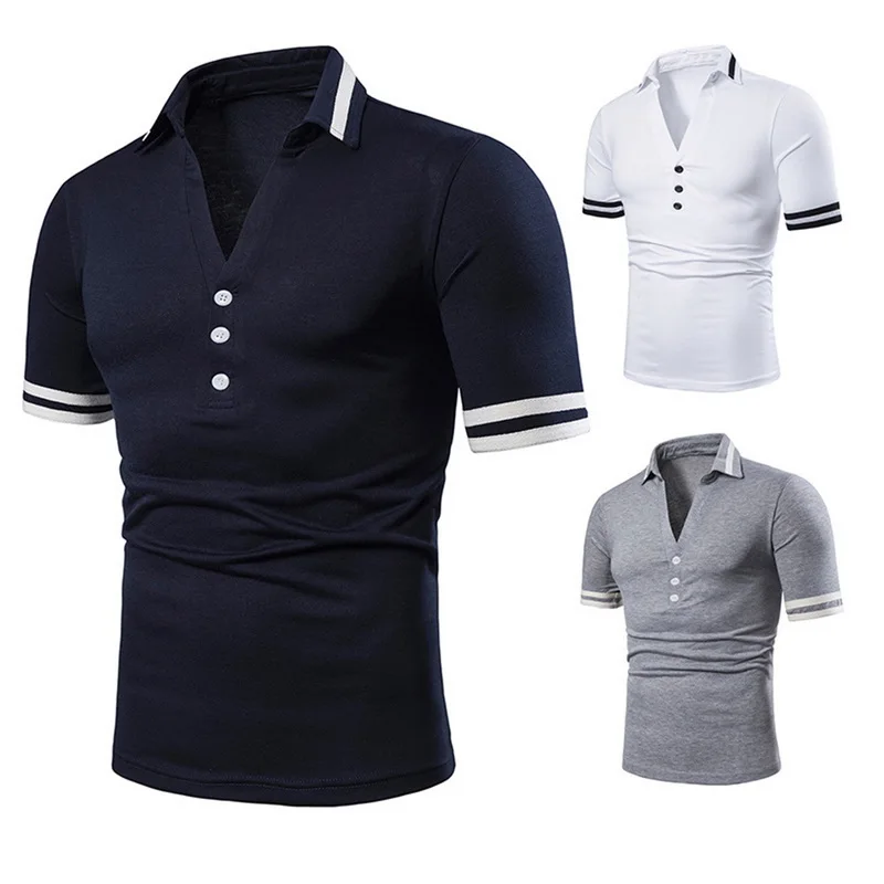 

2019 New Men Polo Shirts Classic Design Summer Deep V neck Tops Solid Color Button Tops Summer Short Sleeves Clothes