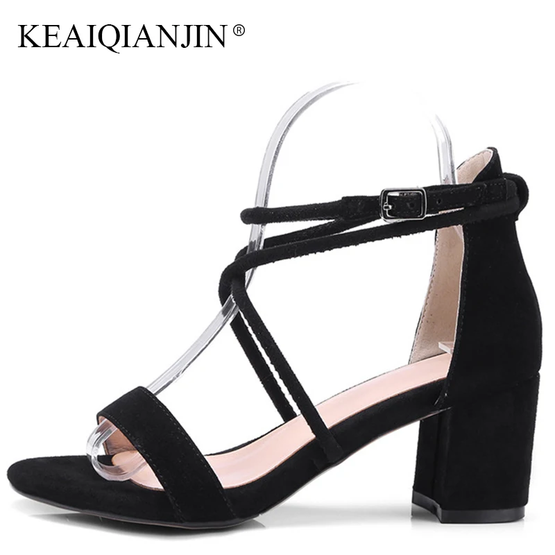 

KEAIQIANJIN Woman Genuine Leather Open Toe Sandal Black Pink High Heels Shoes Sexy Plus Size 33 43 Summer Gladiator Sandals 2018