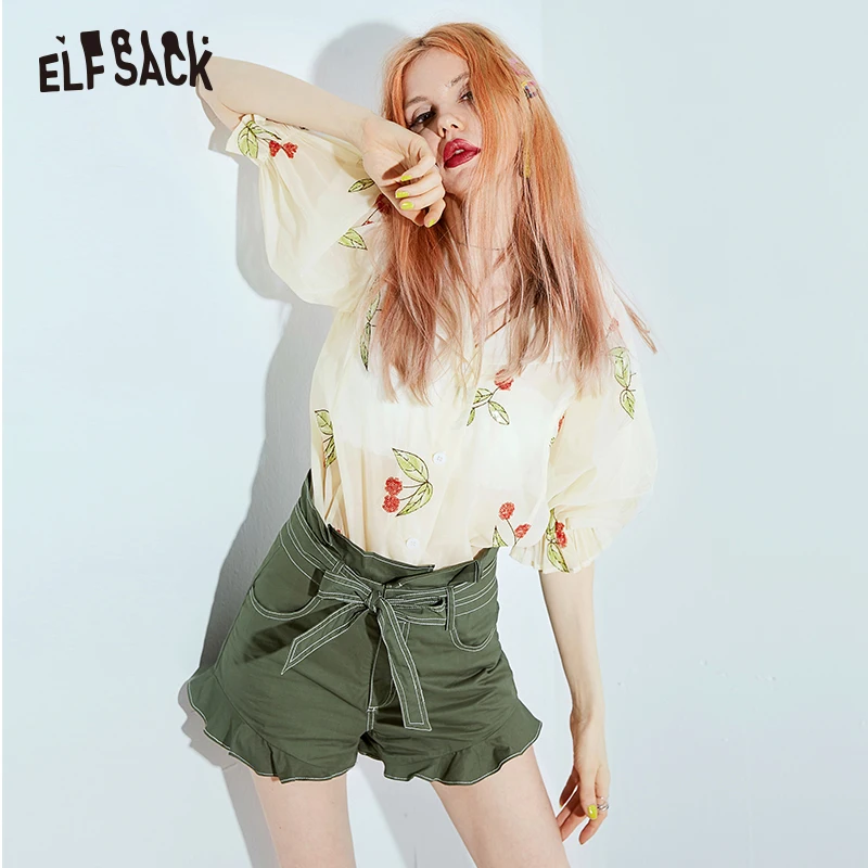 

ELF SACK Sweet Vintage Cherries Sequins Women Blouses 2019 Summer Casual Female Shirts Fashion Basis Tops Office Lady Clothing