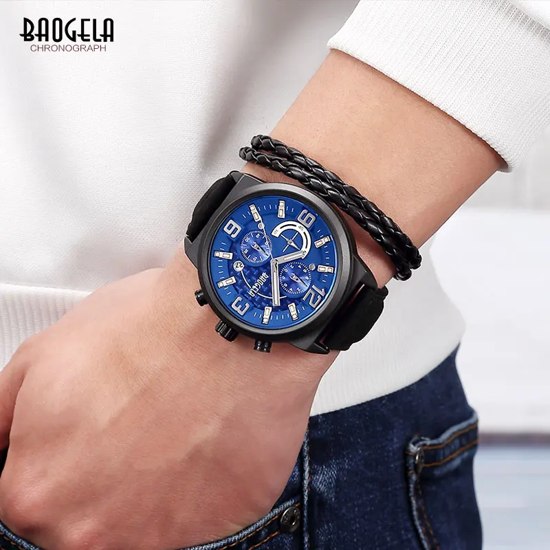 Baogela Мужские кварцевые часы с хронографом, повседневные аналоговые наручные часы с кожаным ремешком для мужчин и мальчиков, водонепроницаемые 1709G-1