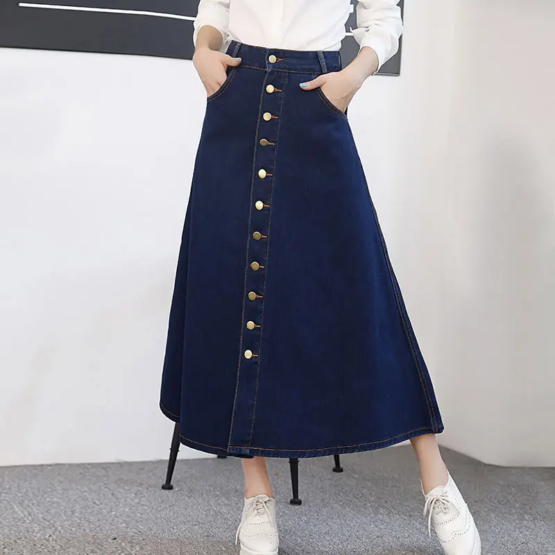 

Autumn and winter single breasted placketing denim half-length full dress high waist a medium-long expansion bottom umbrella