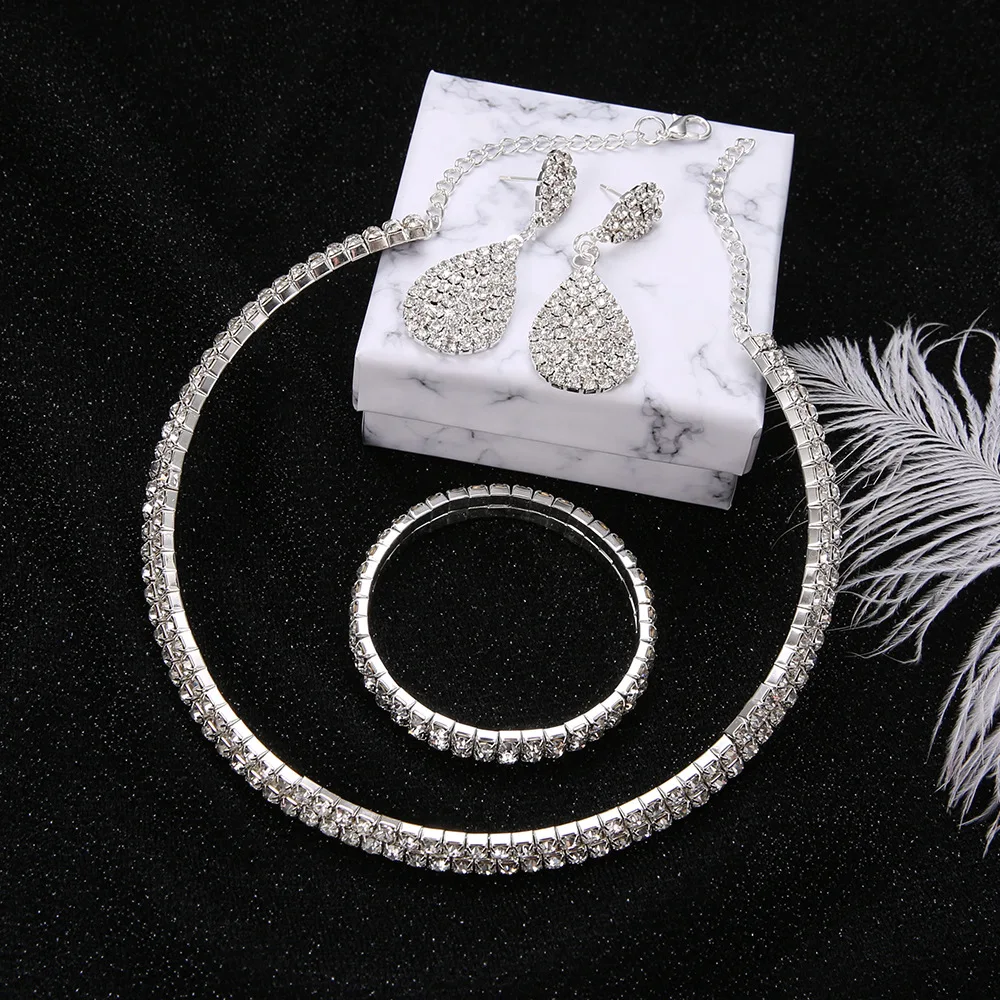KMVEXO, наборы свадебных ювелирных изделий с кристаллами, серебряный цвет, стразы, ожерелье, серьги, браслет, свадебные, обручальные ювелирные наборы для женщин