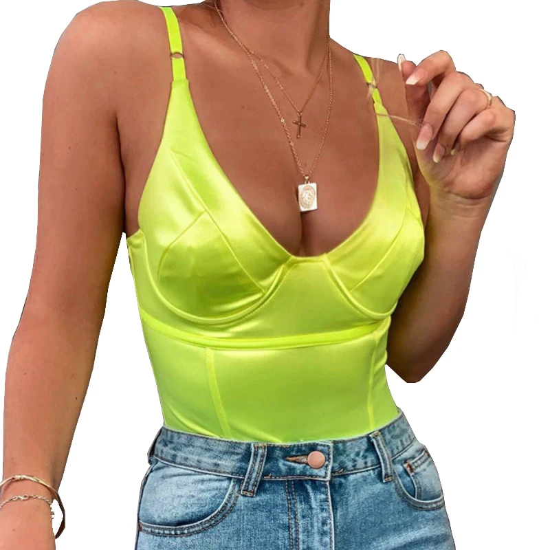 

Club Neon Body Satin Rose Red Sexy Lady Bodysuits Women Spaghetti Strap Glossy Rompers Mujer Over Bust Jumpsuit Overalls GV287