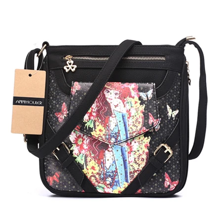 Annmouler Брендовая женская сумка с цветочным рисунком, 5 цветов, сумка из искусственной кожи на плечо, сумка через плечо с 3D цифровой печатью, сумка через плечо с двойной молнией - Цвет: Black