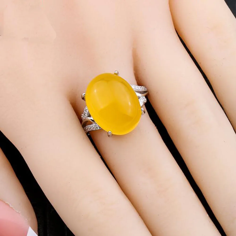 

S925 Sterling Silver Ring Inlaid Oval Jewel Beeswax Amber 9*11 MM Stone High Quality Engagement Rrings AS2